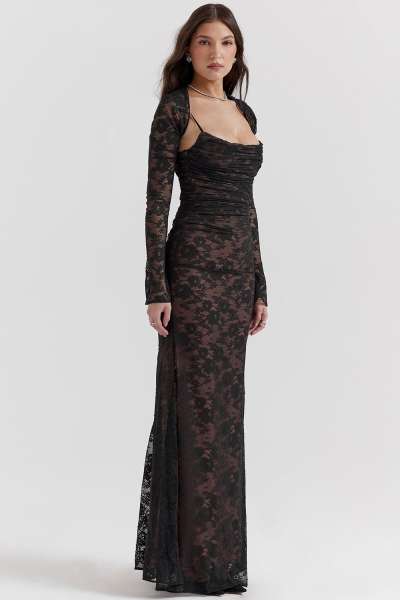 Floral Lace Corset Lace Up Back Long Sleeve Mermaid Maxi Gown