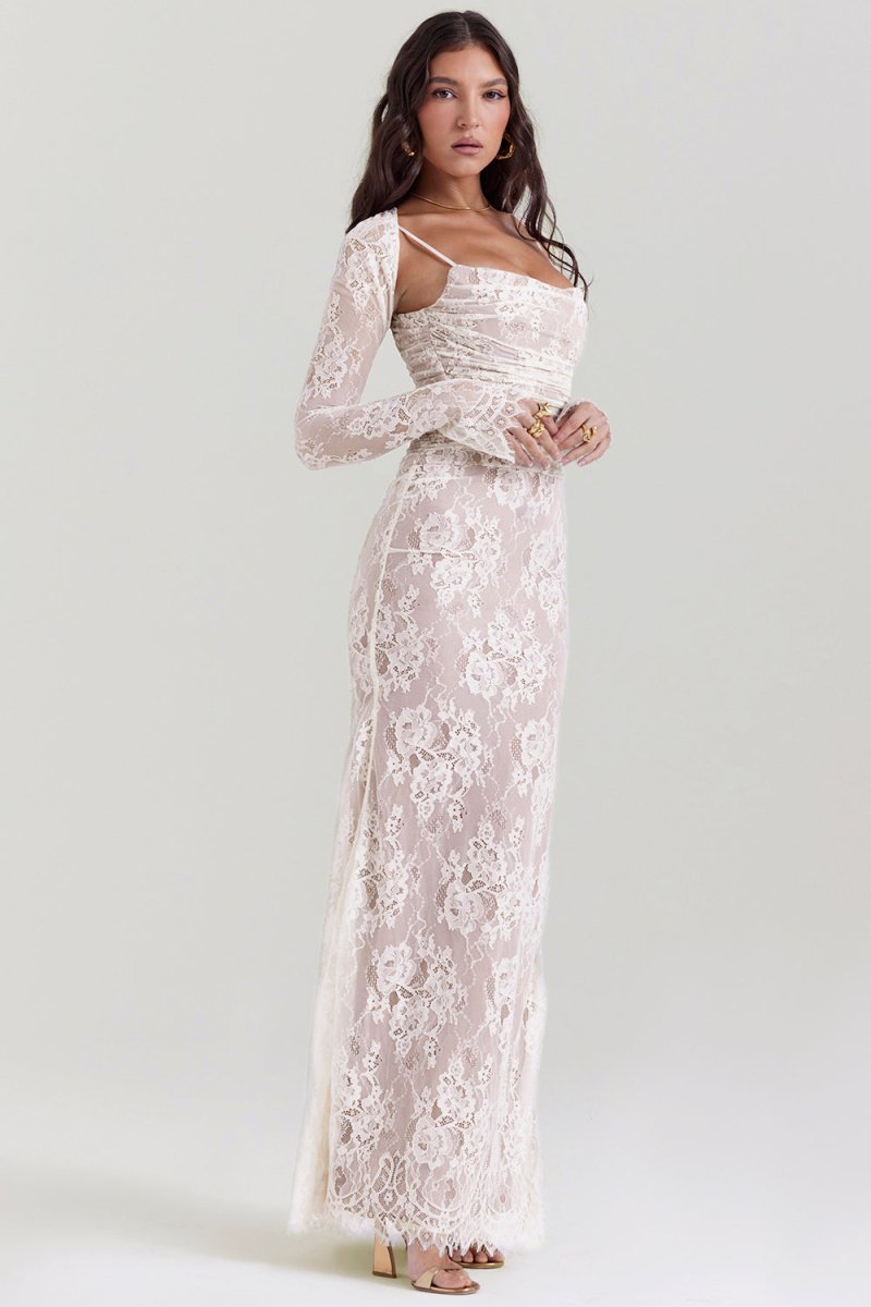 Floral Lace Corset Lace Up Back Long Sleeve Mermaid Maxi Gown