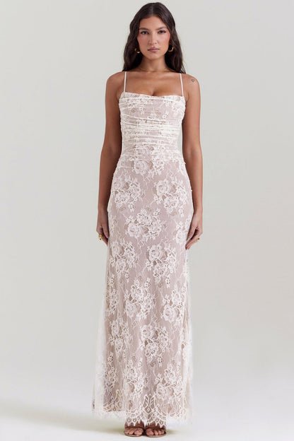 Floral Lace Corset Lace Up Back Long Sleeve Mermaid Maxi Gown