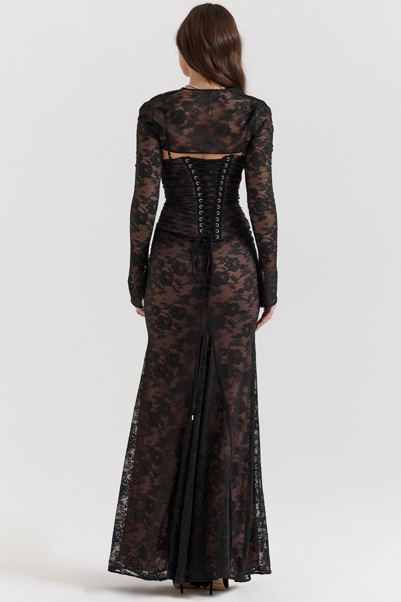 Floral Lace Corset Lace Up Back Long Sleeve Mermaid Maxi Gown