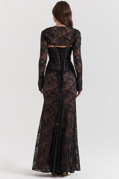 Floral Lace Corset Lace Up Back Long Sleeve Mermaid Maxi Gown