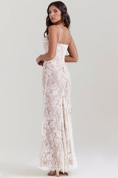 Floral Lace Corset Lace Up Back Long Sleeve Mermaid Maxi Gown