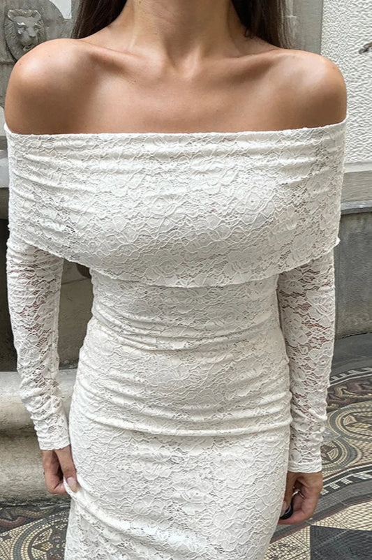 Lace Embroidered Off Shoulder Fitted Maxi Dress