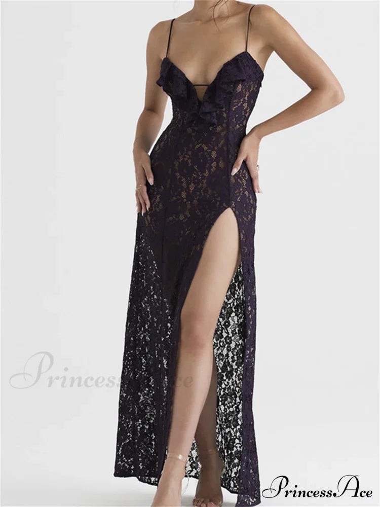 Lace Floral See Through for Women Sexy Sleeveless Strap V-neck Ruffles Patchwork High Split Vestidos