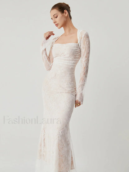 Lace Jacquard Floral Trendy Semi-sheer Tied Maxi Dress