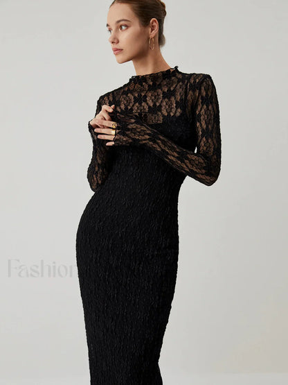 Lace Long Sleeve Trendy Mock Neck Maxi Dress