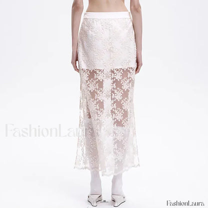 Lace Mesh Side Slit Crochet Skirt