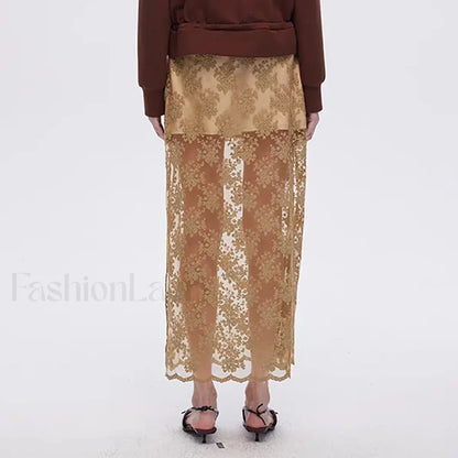 Lace Mesh Side Slit Crochet Skirt