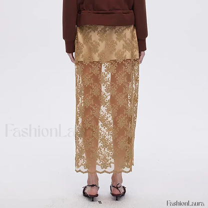 Lace Mesh Side Slit Crochet Skirt