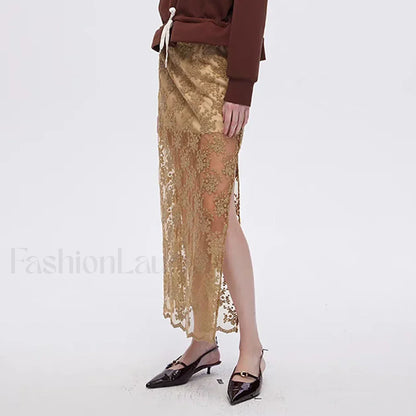 Lace Mesh Side Slit Crochet Skirt