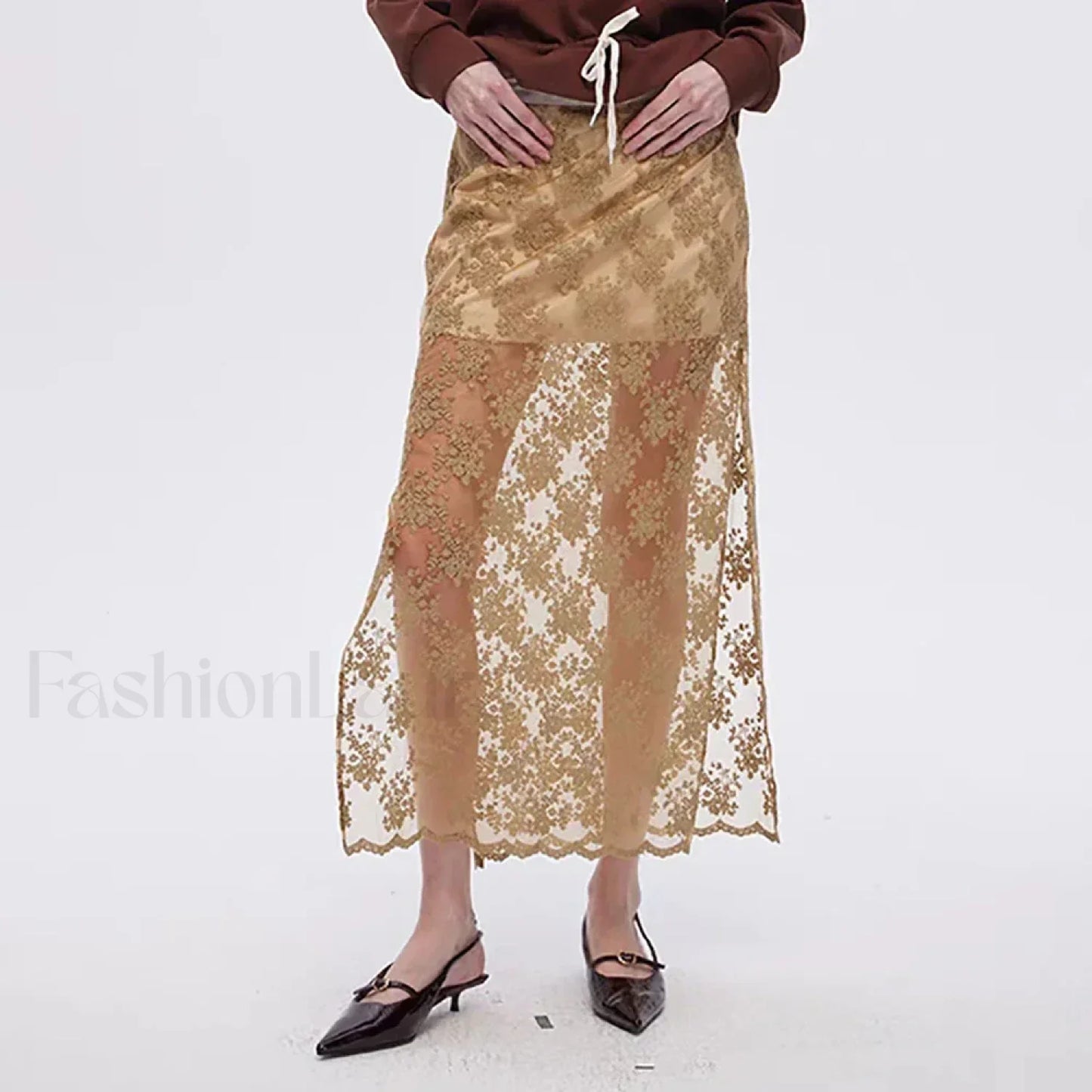 Lace Mesh Side Slit Crochet Skirt