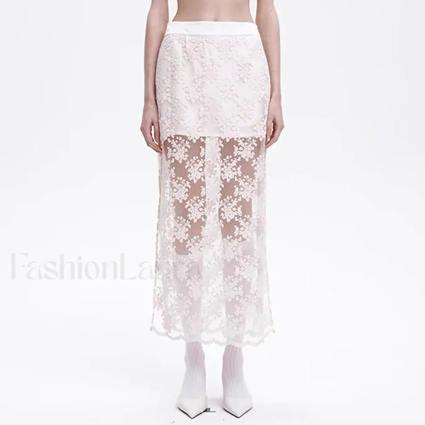 Lace Mesh Side Slit Crochet Skirt