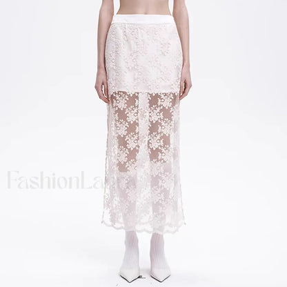 Lace Mesh Side Slit Crochet Skirt