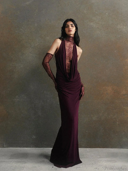 Lace Patchwork Deep V Ruched Prom Dress