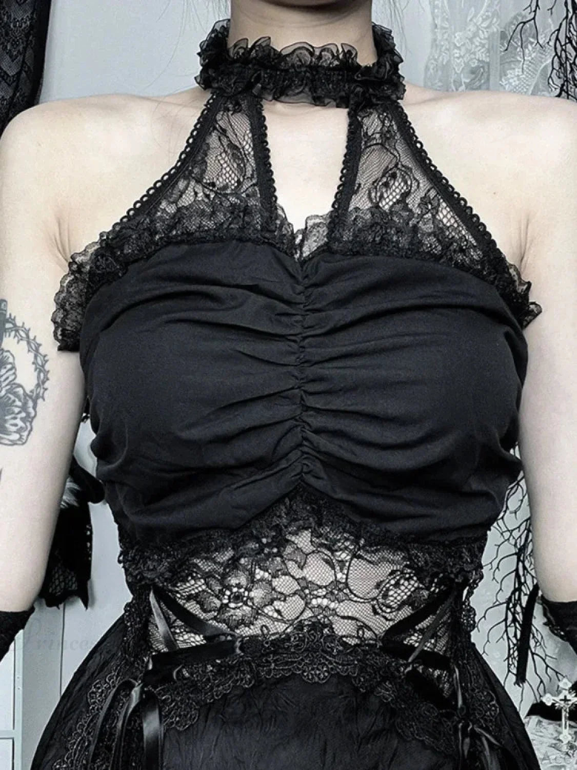 Lace Patchwork Halter Mini Dress