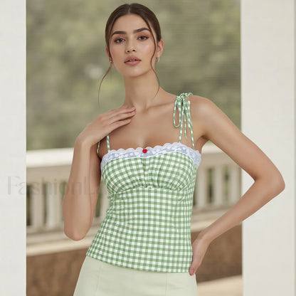 Lace Plaid Fitted Crop Top