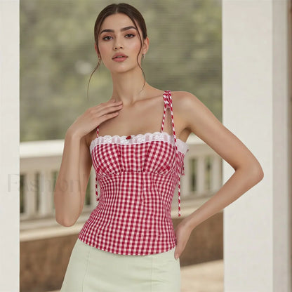 Lace Plaid Fitted Crop Top
