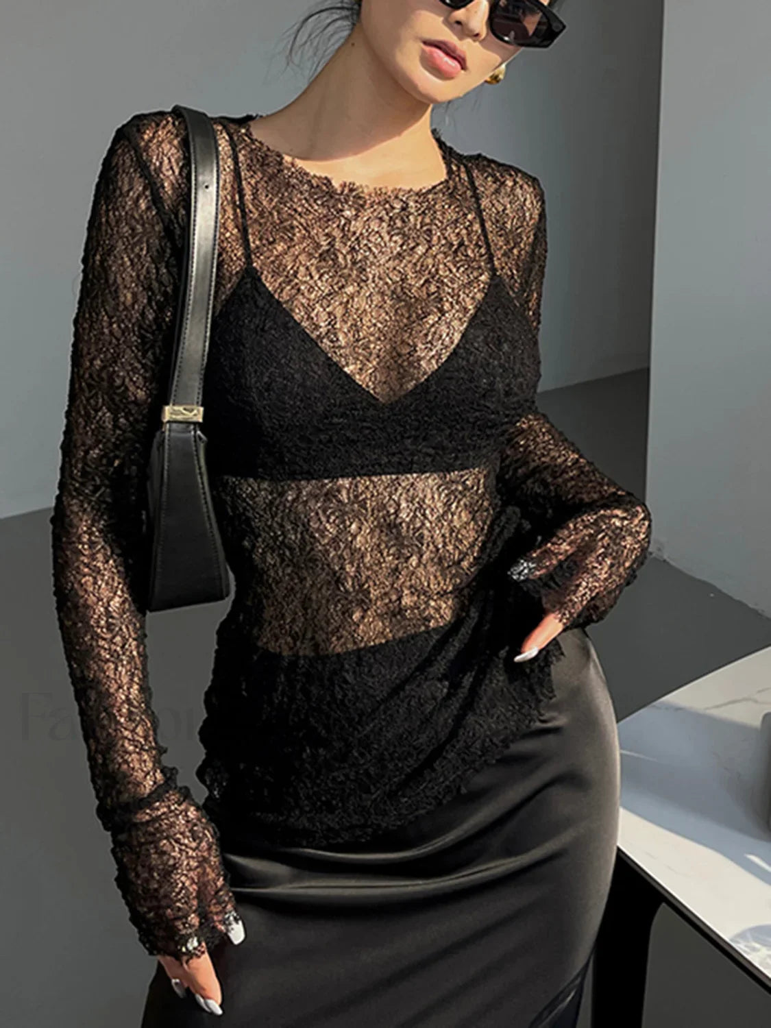 Lace Raw Hem Crew Modern Neck Long Sleeve Top