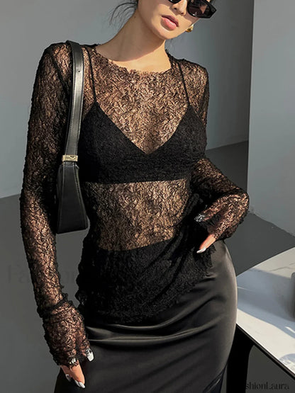Lace Raw Hem Crew Modern Neck Long Sleeve Top