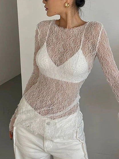 Lace Raw Hem Crew Modern Neck Long Sleeve Top