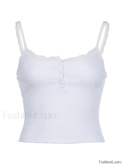 Lace Trim Button-Up Ribbed Crop Cami Top