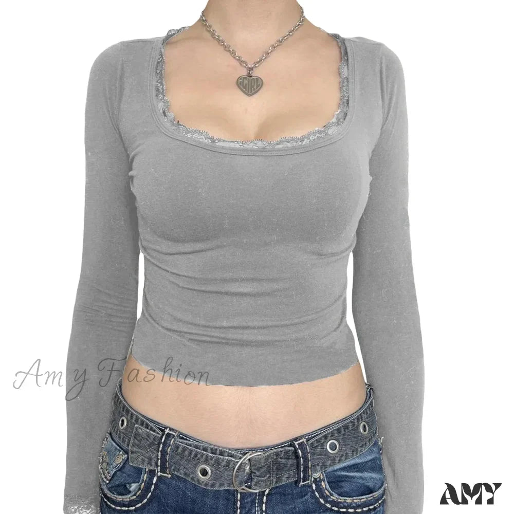 Lace Trim Casual Slim Fit Fairy Grunge Aesthetic Long Sleeve Crop Top