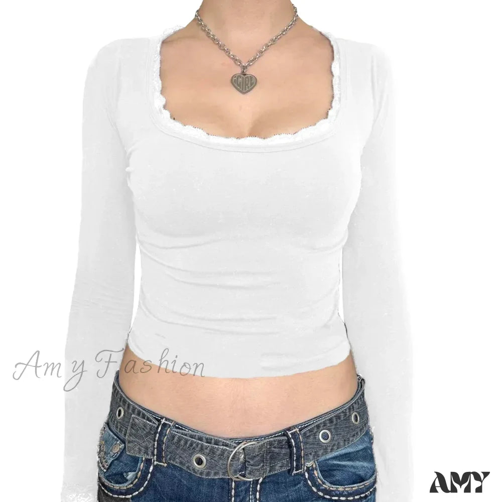 Lace Trim Casual Slim Fit Fairy Grunge Aesthetic Long Sleeve Crop Top
