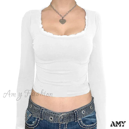 Lace Trim Casual Slim Fit Fairy Grunge Aesthetic Long Sleeve Crop Top
