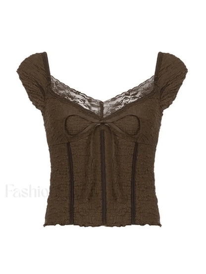 Lace Trim Crinkle Cropped Blouse