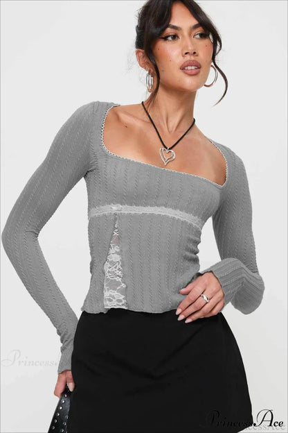 Lace Trim Fitted Cropped Long-Sleeve Knit Top