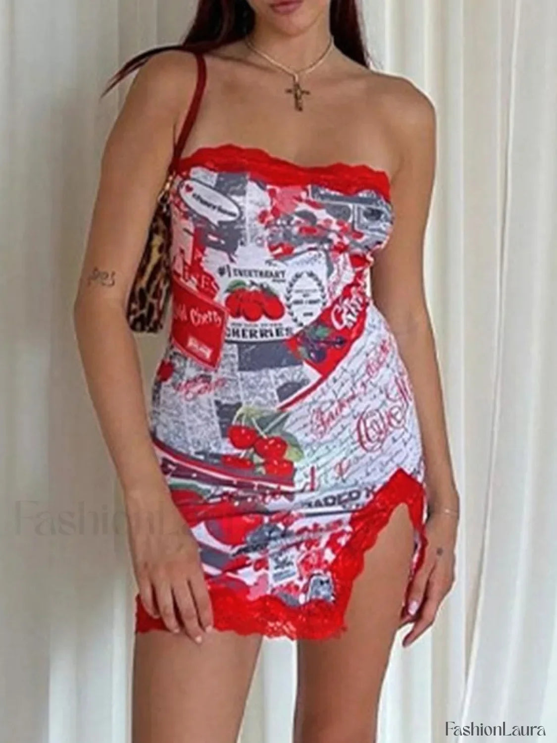 Lace Trim Split Strapless Bodycon Mini Dress