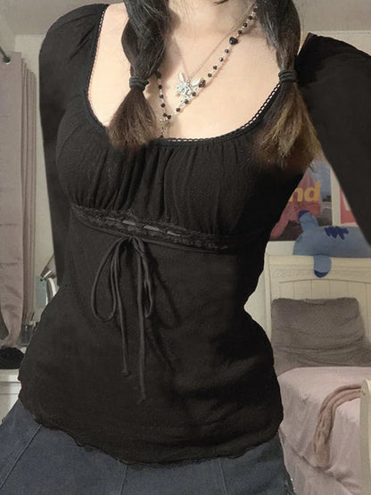 Lace Trim Tie Front Long Sleeve Blouse