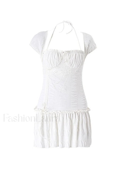 Lace Up Ruffle Halter Mini Dress