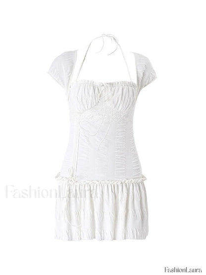Lace Up Ruffle Halter Mini Dress