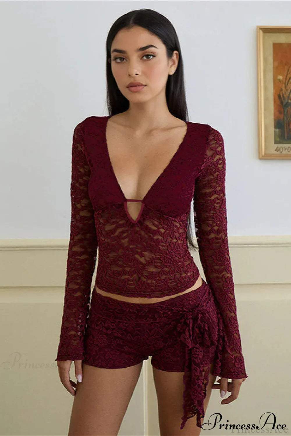 Lace V Neck Cutout Long Sleeve Tee