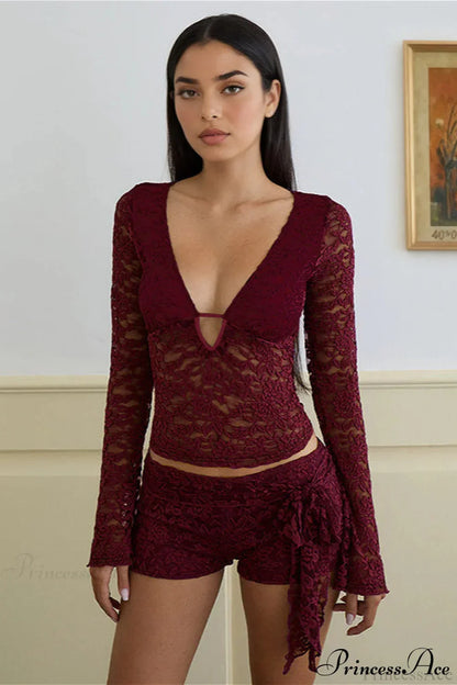 Lace V Neck Cutout Long Sleeve Tee