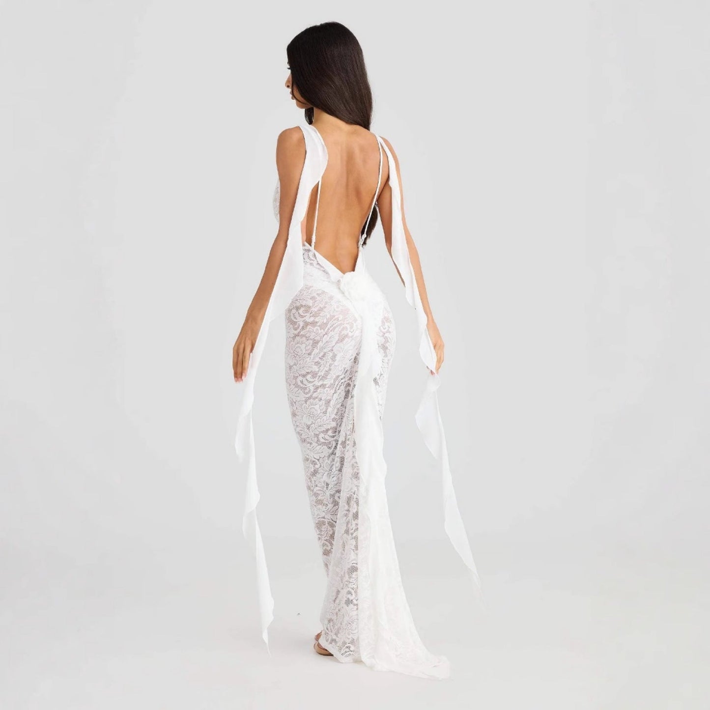 Backless lace maxi dress with ribbon straps for women