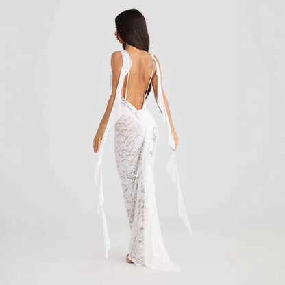 Backless lace maxi dress with ribbon straps for women