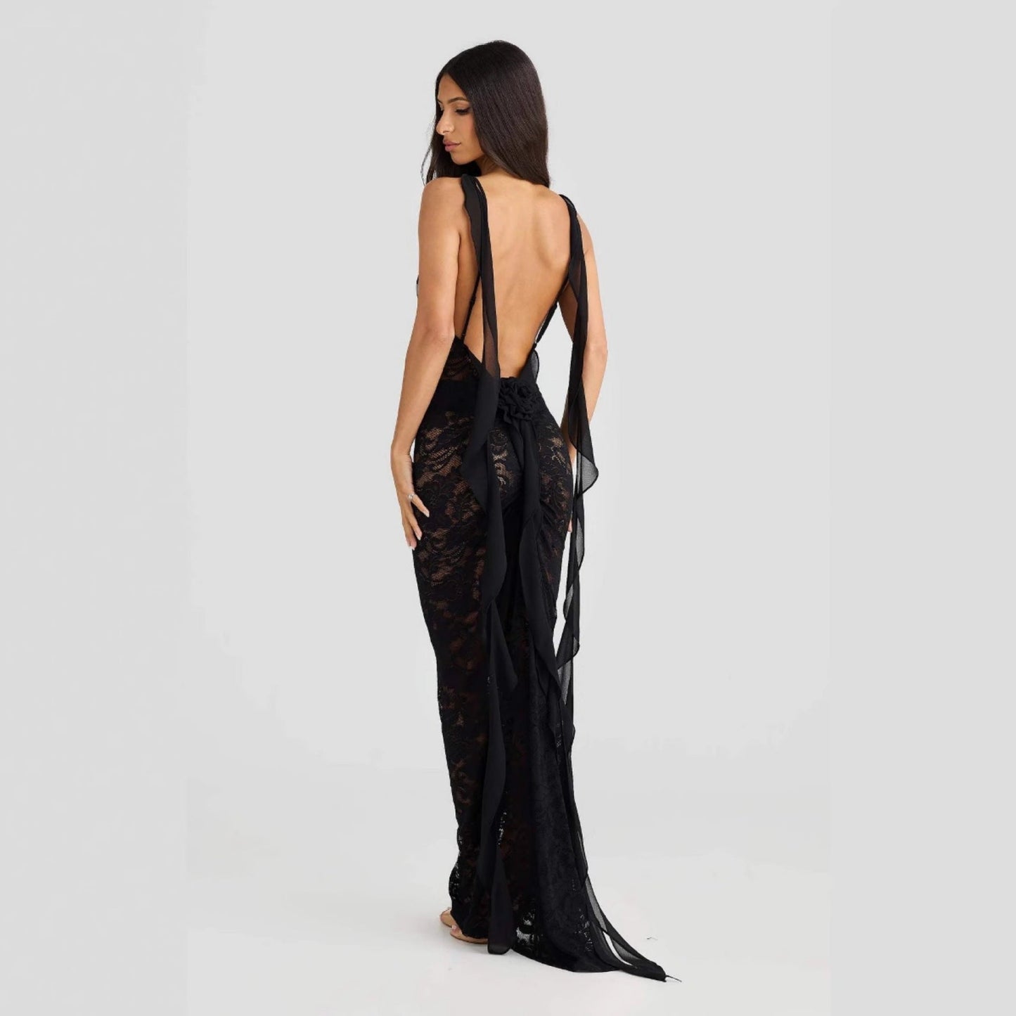 Backless lace maxi dress with ribbon straps for women