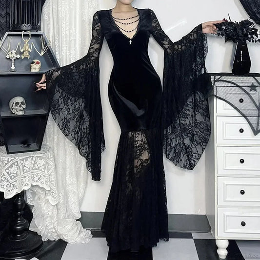 Lacy Mesh V-Neck Long Dress