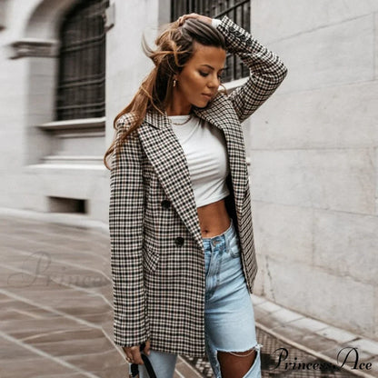Ladies Notched Collar Plaid Blazer