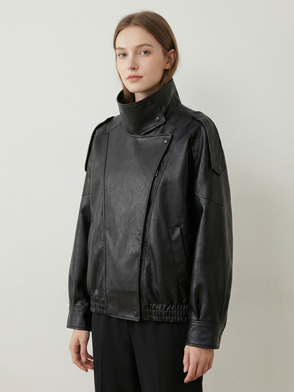 Faux Leather Bomber Jacket For Women Snap Button Office Coat Demi Season Style
