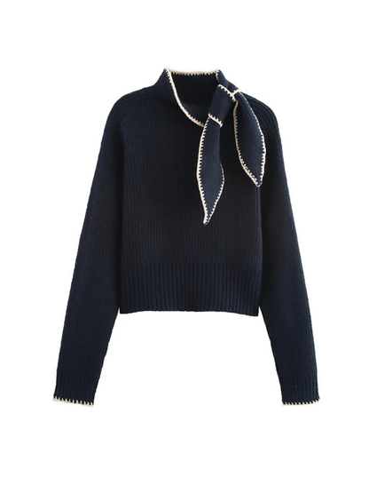 Bowknot High Neck Knit Pullover Long Sleeve