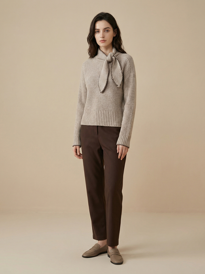 Bowknot High Neck Knit Pullover Long Sleeve
