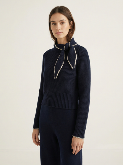 Bowknot High Neck Knit Pullover Long Sleeve