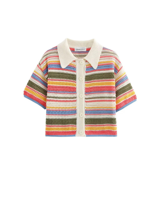 Womens Striped Crochet Knit Crop Top Polo Collar Button Up Short Sleeve Outerwear Chic Fashion