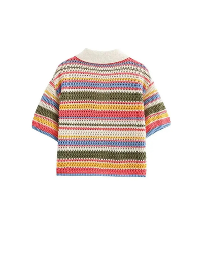 Womens Striped Crochet Knit Crop Top Polo Collar Button Up Short Sleeve Outerwear Chic Fashion