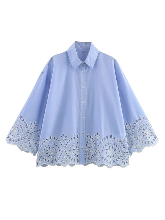 Blue Embroidered Hollow Cutout Lapel Button Shirt