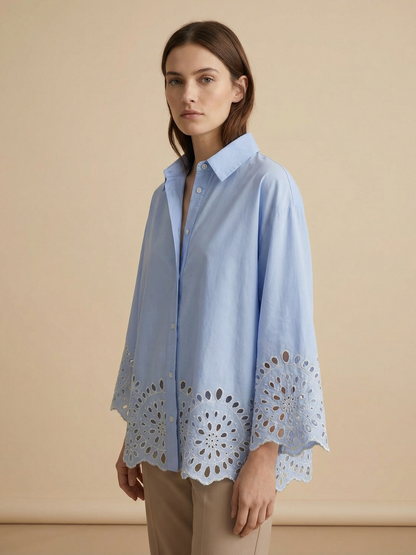 Blue Embroidered Hollow Cutout Lapel Button Shirt