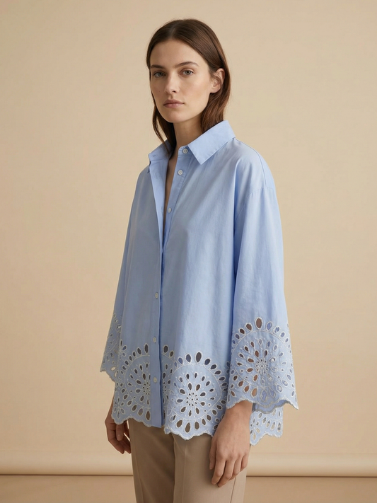 Blue Embroidered Hollow Cutout Lapel Button Shirt